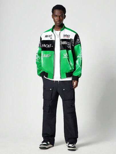 Street Life Men's Racing Autumn Letter Print PU Leather Long Sleeve Casual Racing Jacket, Green