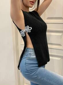 SHEIN MOD Top corto de punto sin mangas de unicolor con abertura lateral para mujer