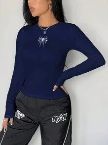 SHEIN EZwear Camiseta de manga larga con cuello redondo y estampado de araña, tejida para mujeres