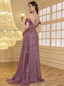 Strapless Back Cross-Tie Backless Design, Fishbone Slit Front, Lengthen Leg Line, High-End, Elegant Glittery Cocktail Dress Formal Evening Prom Wedding Guest Gown, For Graduation, Dinner Party Dress - Dusty Pink - View 2