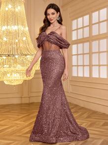 Elegant Spaghetti Strap Backless Waist Cut-Out Fish Bone Design Mermaid Maxi Prom Dress, Formal Evening Gown, For Wedding Guest, Graduation, Dinner - Coffee Brown - View 6