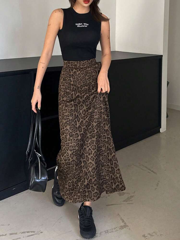 Women's Drawstring Elastic Waist Leopard Print Long Skirt Cheetah Print