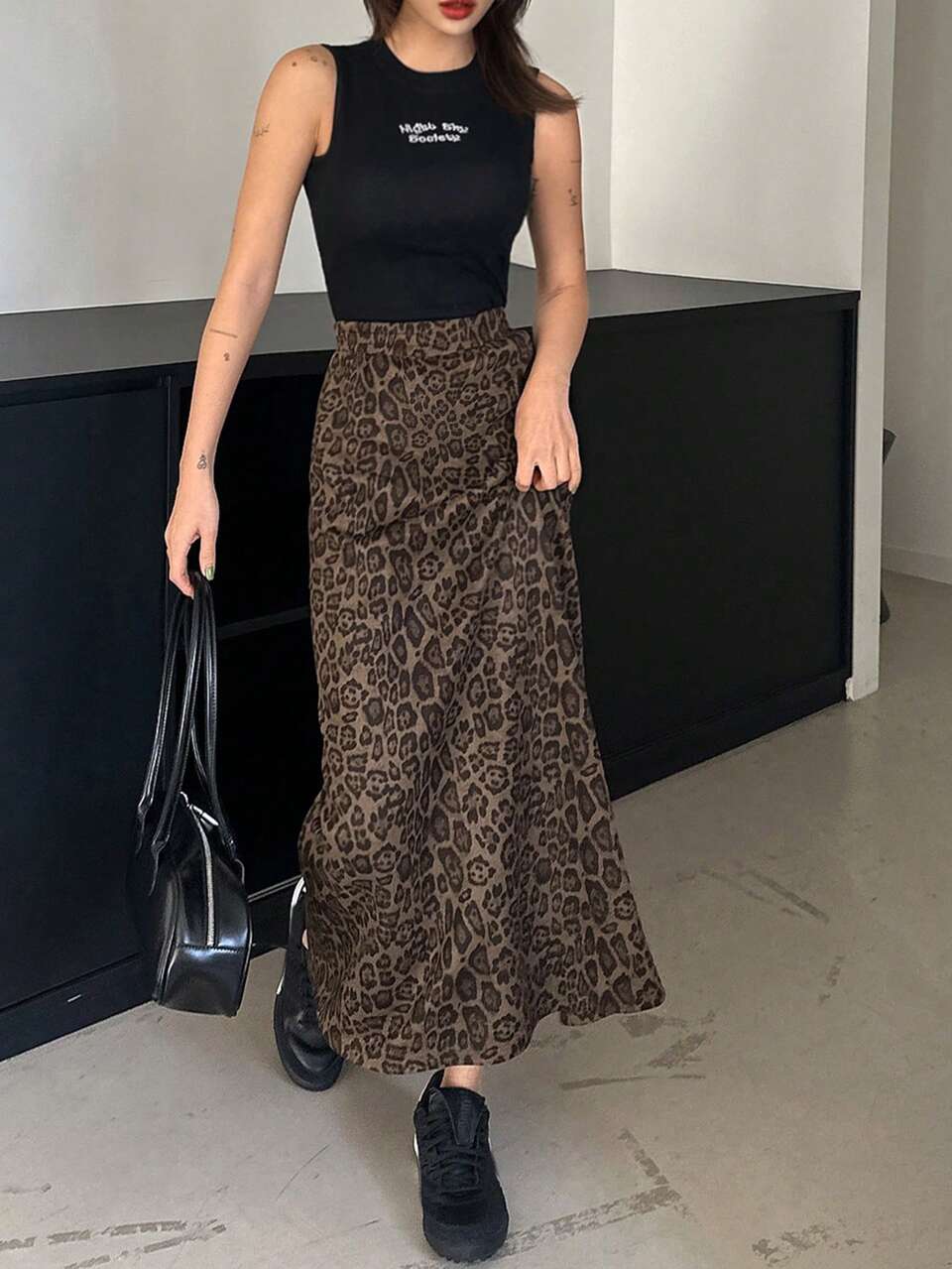 Women's Drawstring Elastic Waist Leopard Print Long Skirt Cheetah Print