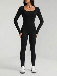 SHEIN Tall Elegant Casual Solid Color Black Long Sleeve Jumpsuit With Tight Fit, U Neckline - Black - View 7