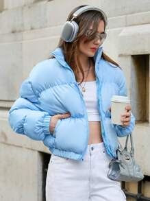 RueChic Lightweight, Back Embroidery Detailed, Stylish, Padded Puffer Winter Coat - Blue - View 2