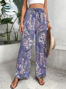 Breezaya 佩斯利印花前繫帶闊腿褲