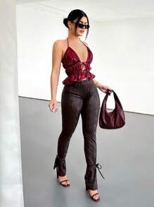 SHEIN SXY Women's Sexy & Elegant Animal Print High Waist Tie Waist PU Leggings - Black - View 5