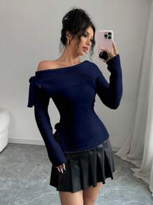 Elenzga Asymmetrical Neck Tie Bow Knitted Sweater Fall Winter - Navy Blue - View 1