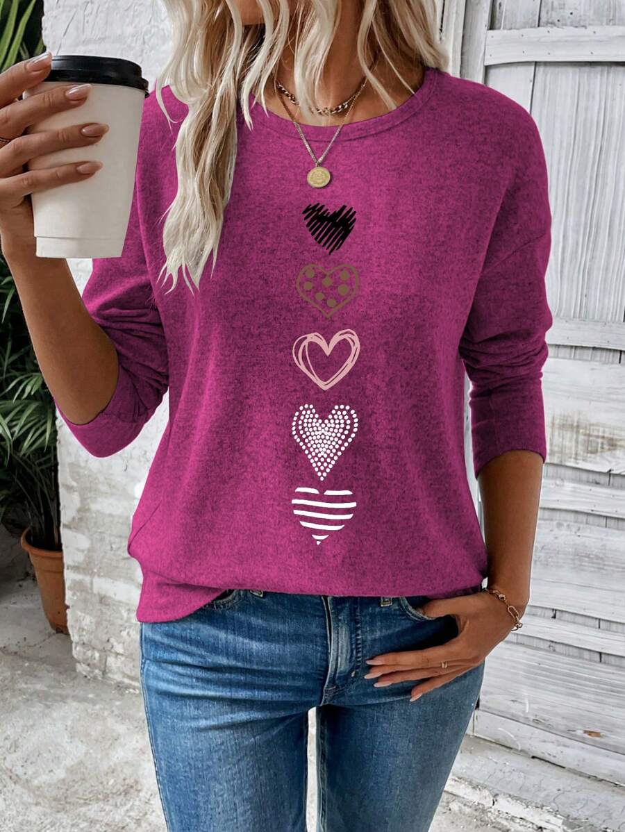 EMERY ROSE المرأة تي شيرت كاجوال بأكمام طويلة مطبوع عليه قلب، الخريف - روز أحمر - مشاهدة 1