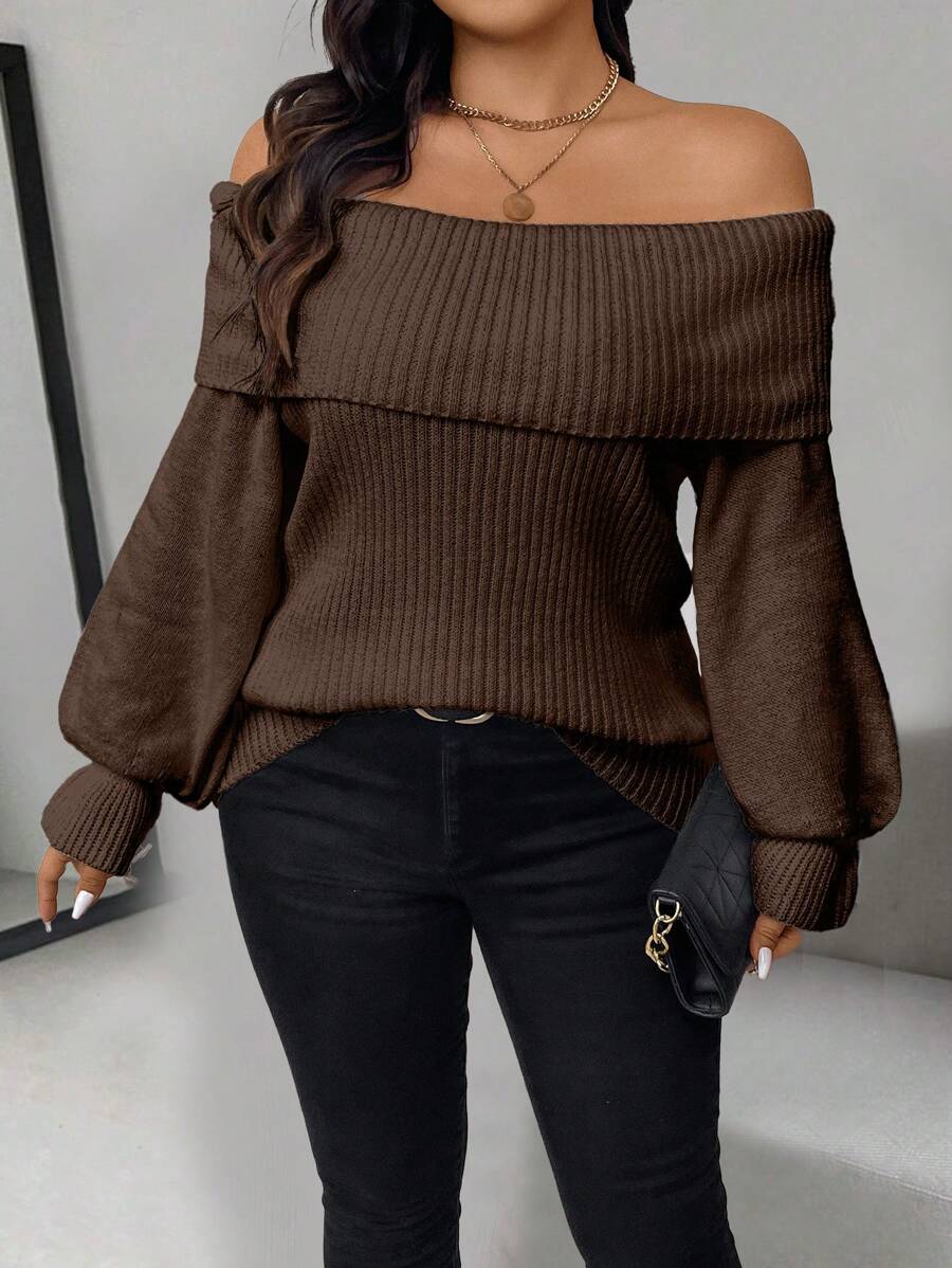 Celure Plus Size Women's Solid Color Off-Shoulder Long Sleeve Casual Sweater - Coffee Brown - View 1
