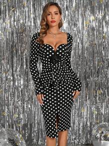 SHEIN Clasi Women Sweetheart Neck Full Print Casual Long Sleeve Dress,Polka Dot Dress