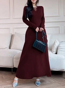 Feyla Women Long Sleeve Midi Sweater Dress, Solid Color, Fitted In Fall/Winter - Burgundy - View 5