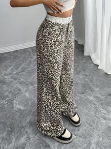 SHEIN SXY Women's Casual Leopard Patchwork Waist Wide Leg Loose Fit Low Waist Denim Jeans, Versatile Streetwear For All Seasons