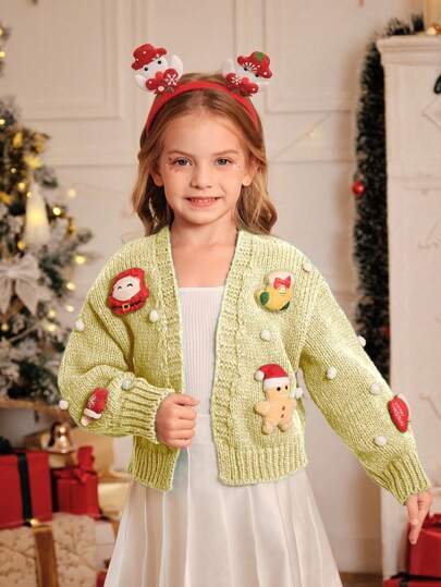 Young Girl & Young Girl' Christmas Cardigans, High-Quality Green Cute Casual Versatile Elegant Warm Christmas Holiday Open Front Sweater Jacket Suitable For Outings And Family Gatherings, 2024 New Knit Sweater For Autumn/Winter