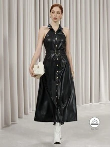 SHEIN Privé High-End Elegant Business Attire Long Dress, Lapel Collar, Black Faux Leather Fabric, Tie-Belt & Button Closure, Sleeveless Design - Black - View 6