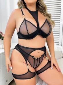 5 件套性感互锁圆形装饰双层罩杯内衣套装 - 黑色 - 查看 4