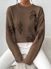 Chiquease Crew Neck Pullover Sweater With Rhinestone Butterfly Embroidery, Pink, For Autumn/Winter