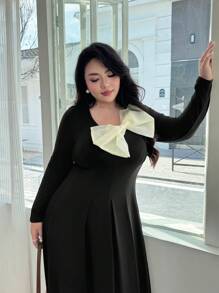 SHEIN Privé 大码女式休闲优雅简约大蝴蝶结装饰圆领喇叭形 A 字形弹性柔软面料派对/聚会/聚会长袖连衣裙，黑色，秋冬 - 黑色 - 查看 4