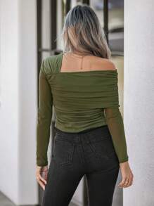 SHEIN LUNE 女士不对称橄榄绿色单肩长袖打底 T 恤 - 軍綠色 - 查看 5