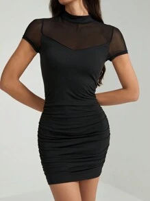 SHEIN Tall 女士立领短袖网眼拼接黑色紧身连衣裙 - 黑色 - 查看 6