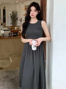 DAZY Women's Solid Color Round Neck Sleeveless Ruffled Simple Casual Long Dress Sundress Dress Cute Tops - Grey - View 5