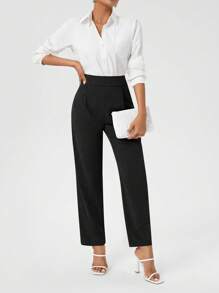 SHEIN Clasi Pantalones De Cintura Alta De Color Sólido Para Mujeres Con Bolsillos Oblicuos