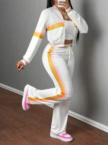 Slaydiva 女士秋冬条纹长袖拉链领棒球夹克和抽绳腰裤休闲套装 - 彩色 - 查看 3