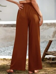 SHEIN LUNE Paperbag Waist Wide Leg Pants Fall Cloth For Women - Rust Brown - View 2