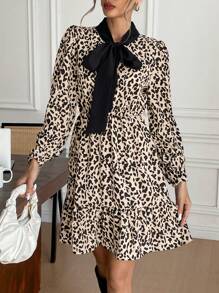 SHEIN Frenchy Women Elegant Office Beige Leopard Long Sleeve Sundress,Simple Front Bows Tie Patchwork Autumn Casual Commute Short Dress,Cheetah Evening Party Wear - Multicolor - View 6