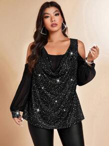 Cravure 加大码金属箔印花针织衬衫，雪纺拼接垂坠领口，二合一设计，优雅派对上衣 - 黑色 - 查看 5