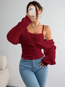 SHEIN EZwear Parte superior de punto de manga larga de ajuste regular de color liso casual para mujer - Rosa Roja - Ver 2