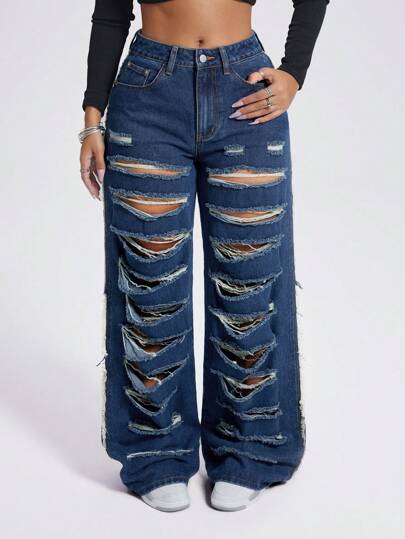 SHEIN ICON 女式复古做旧低腰阔腿牛仔裤低腰直筒牛仔裤