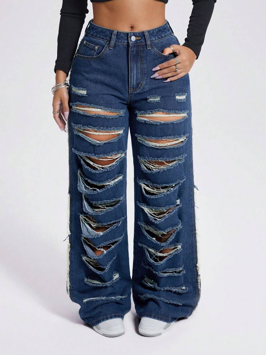 SHEIN ICON 女式复古做旧低腰阔腿牛仔裤低腰直筒牛仔裤 - 中等水洗藍 - 查看 1