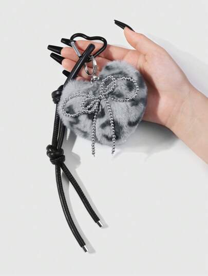 Kawaii 1 pièce Porte-clés de style gothique en argent avec perles CCB, double couche en nœud papillon, cœur en peluche léopard gris, , accessoire DIY pour sac, convient pour les femmes, porter au quotidien et cadeau de vacances