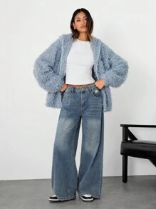 Manfinity VCAY Lion Pattern Loose Fit Hooded Long Sleeve Jacket Outerwear, Baby Blue Going Out Zipper Jacket, Suitable For Autumn/Winter Season, Friends, Husband, Boyfriend Gifts - Baby Blue - View 4