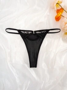 Women's Black Cut Out Thong With Ring Detail Fantasy Elegant Underwear Medium Stretch Fabric - Black - View 6