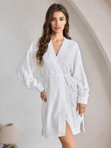 Ocili Leisure Comfy Soft Skin-Friendly Wrinkled Women's Solid Color Long Sleeve Robe - White - View 6