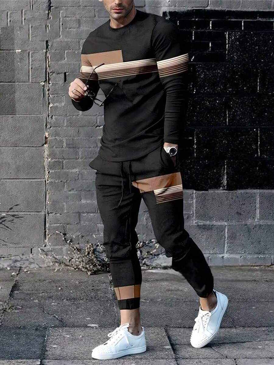 Manfinity Homme Men's Contrast Stripe Long Sleeve T-Shirt & Pants Set - Black - View 1