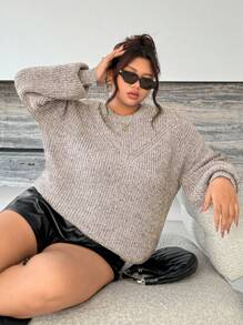 INAWLY Plus Size Casual Solid Color Drop Shoulder Sweater, Autumn/Winter Knit Pullover Fall Sweater - Apricot - View 4
