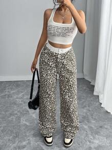 SHEIN SXY Women's Casual Leopard Patchwork Waist Wide Leg Loose Fit Low Waist Denim Jeans, Versatile Streetwear For All Seasons
