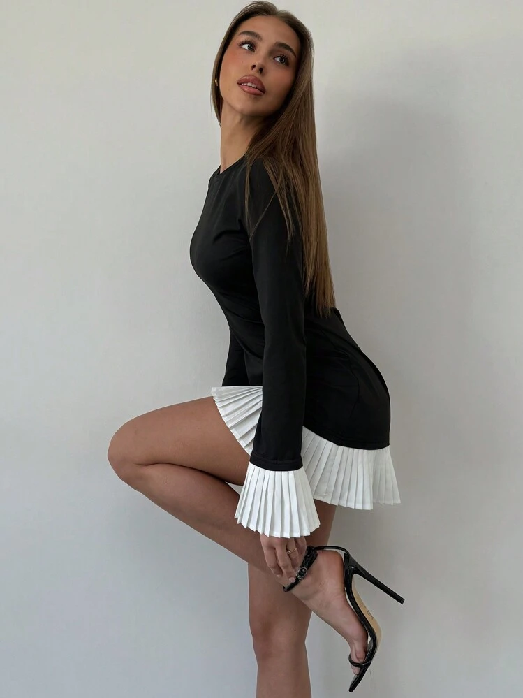 Aloruh Women Round Neck Long Sleeve Solid Color Splice Casual Short Dress,Summer Dresses,Tea Party Dress - Black - View 7