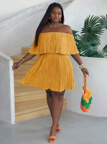 Slaydiva Off-Shoulder Ruffled Neckline Loose Green Dress In Pleated Fabric - Yellow - View 6
