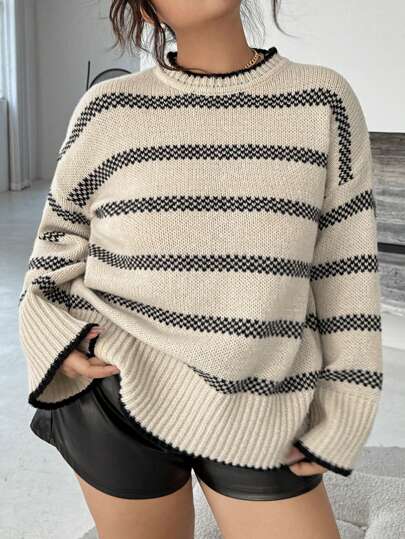 INAWLY 大码女式条纹圆领长袖宽松休闲针织衫，秋冬针织套头衫