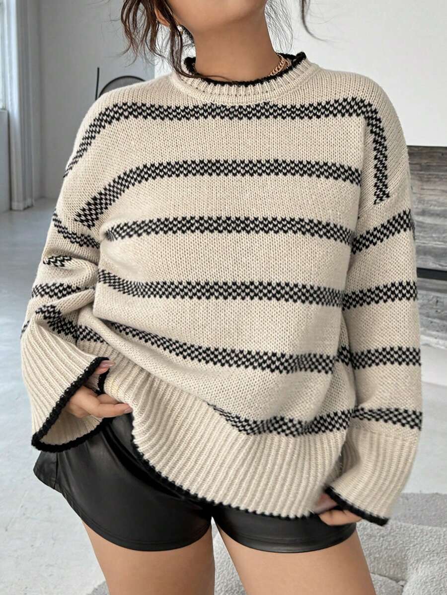 INAWLY 大码女式条纹圆领长袖宽松休闲针织衫,秋冬针织套头衫 - 彩色 - 查看 1