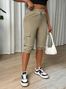 Zolique Quần dài đơn giản hàng ngày màu trơn cho nữ - Màu Khaki - Xem 3