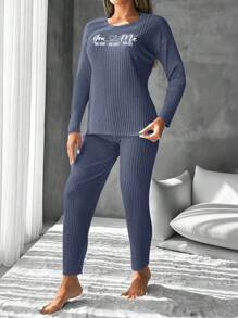 EURMUSE Women's Printed Letter Ribbed Knit Lounge Wear Set - Navy Blue - View 4