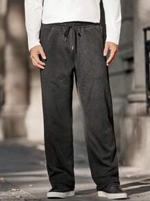 Manfinity Homme Men's Casual Solid Color Textured Drawstring Waist Sweatpants - Black - View 5
