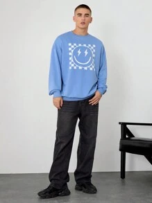 Manfinity Unisex 1pc Oversized, Loose, Drop Shoulder Crew Neck Pullover Sweatshirt, Suitable For Everyday Wear, Light Blue Going Out Crew Neck Graphic Long Sleeve Sweatshirt, For Friends, Husband, Boyfriend Gifts