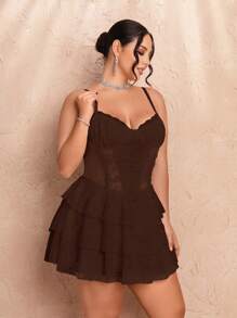 SHEIN BAE Plus Size Women's Summer Sweet Party Date Ballet White Stitching Lace Bra Cup Details Suspender Cake Dress Skirt - Coffee Brown - View 3