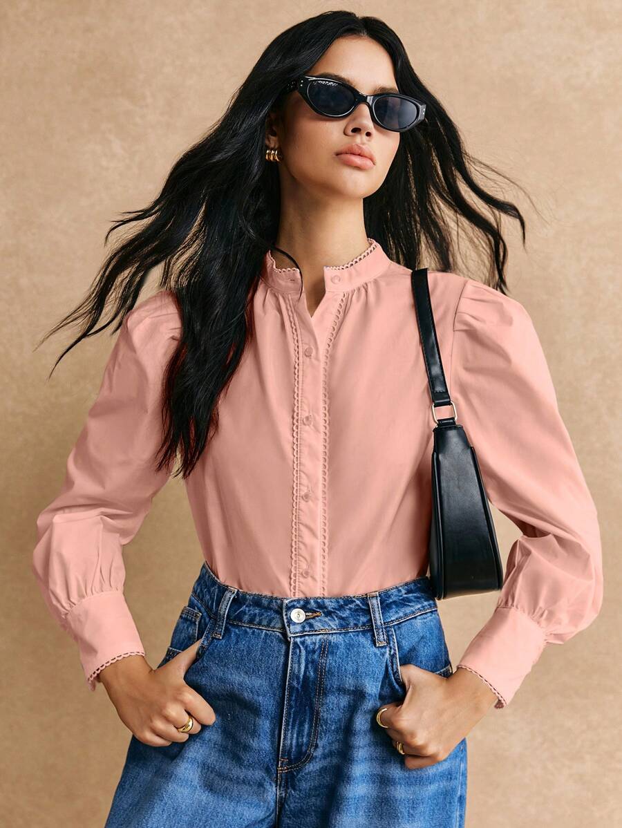 Poéselle 素色前紐扣襯衫 - 藕粉色 - 查看 1